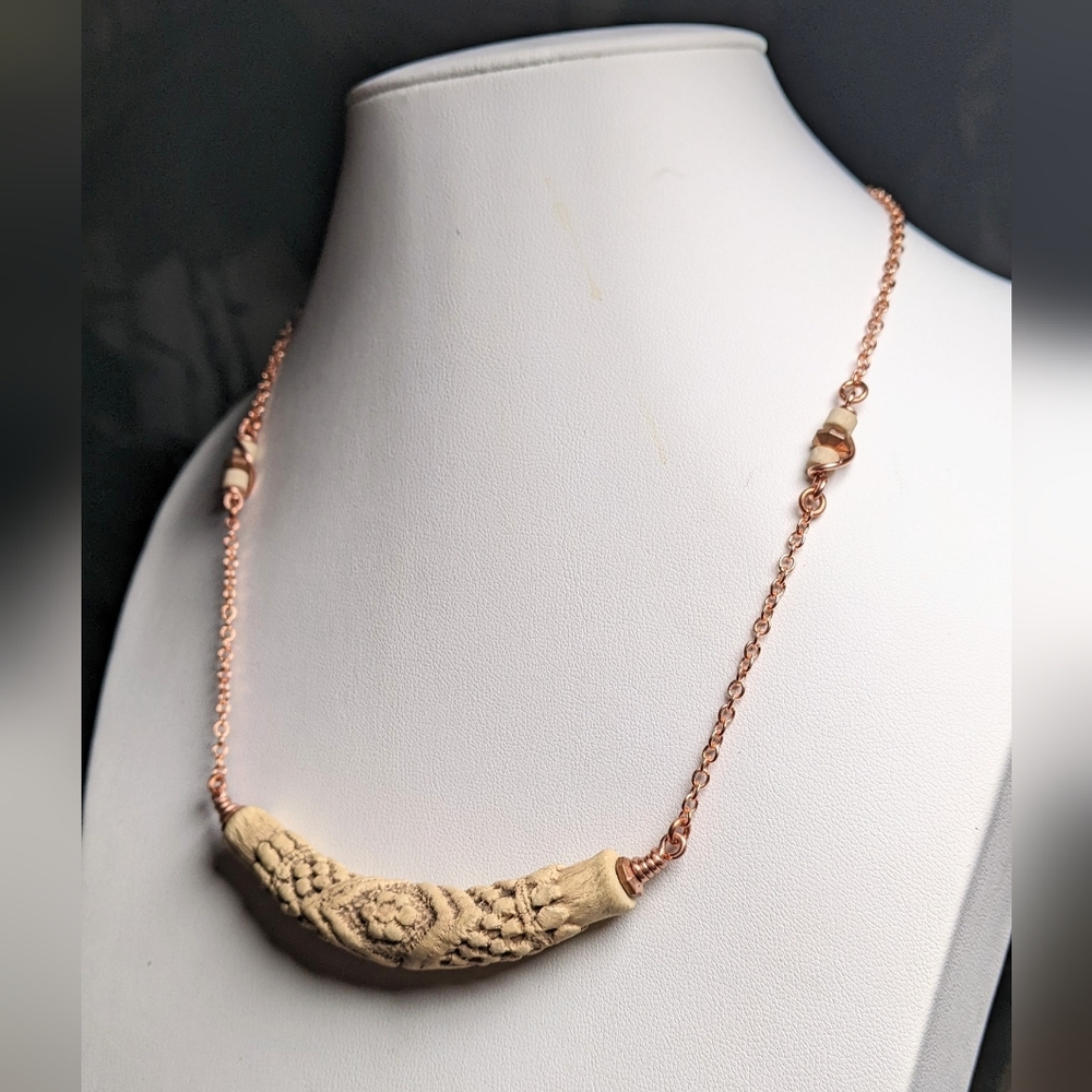 Vintage Embossed Ceramic Bar Necklace Artisan Crafted Jewelry Pure Copper Chain - Picture 3 of 16